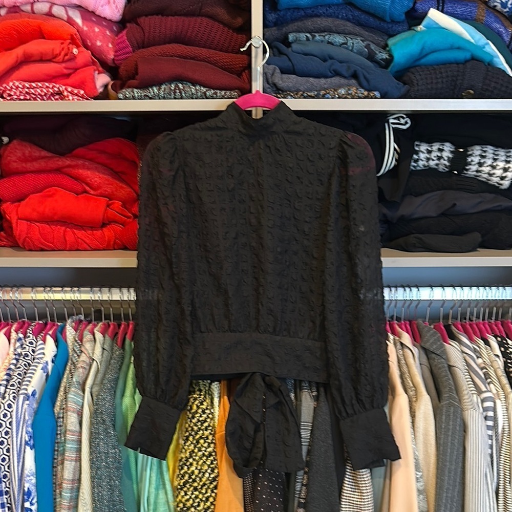 H&M black semi sheer long sleeve tie/cut out back top size XS